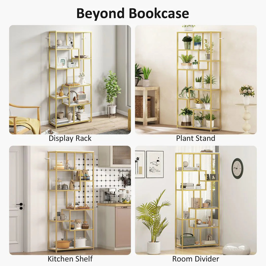 HOMCOM Seven-Tier Geometric Bookcase with Metal Frame – Asymmetrical Display Shelf, White/Gold Tone