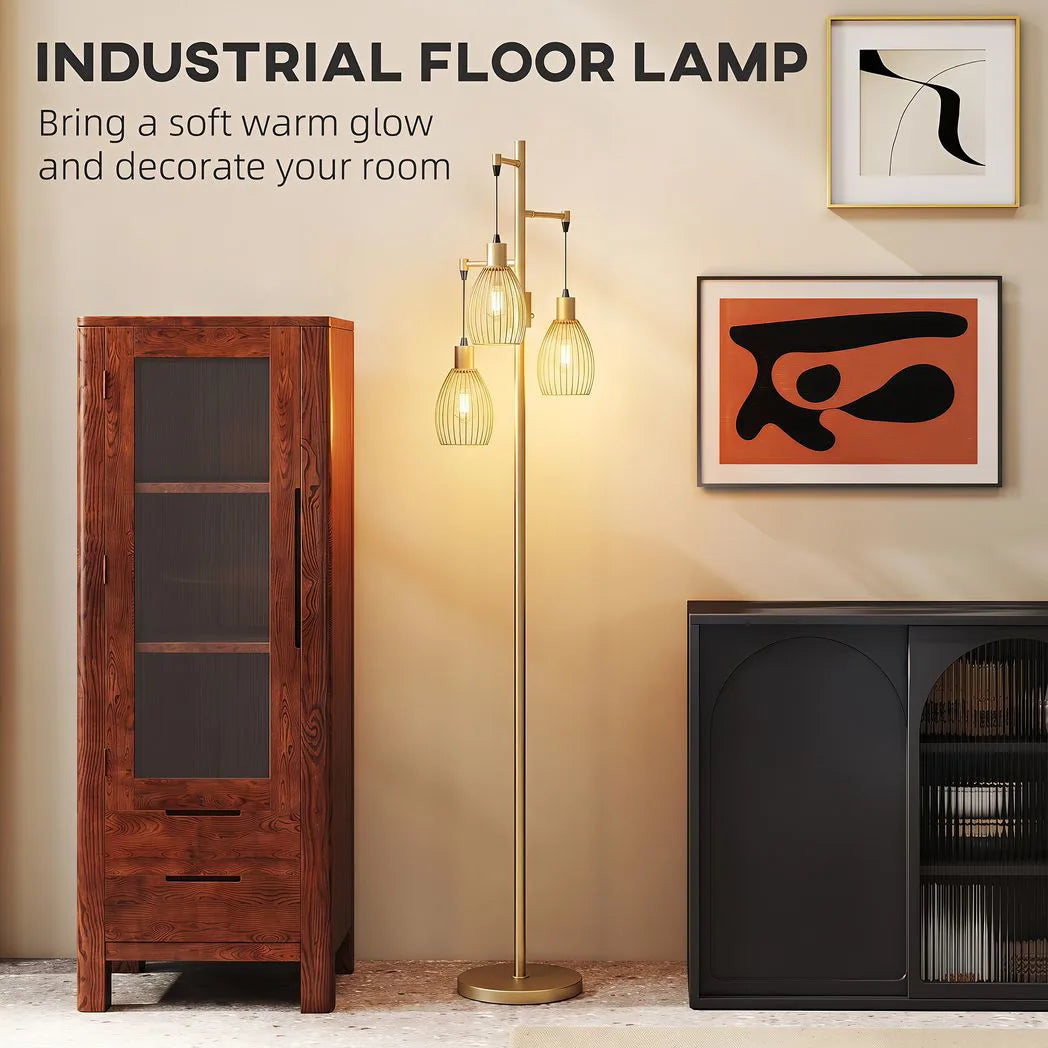 HOMCOM 170cm Dimmable 3-Light Cage Floor Lamp