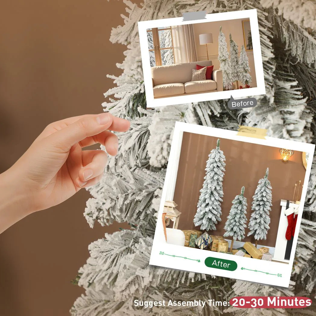 HOMCOM Flocked Pencil Christmas Trees, Set of 3 – 3ft, 4ft and 5ft Slim Snowy Artificial Trees
