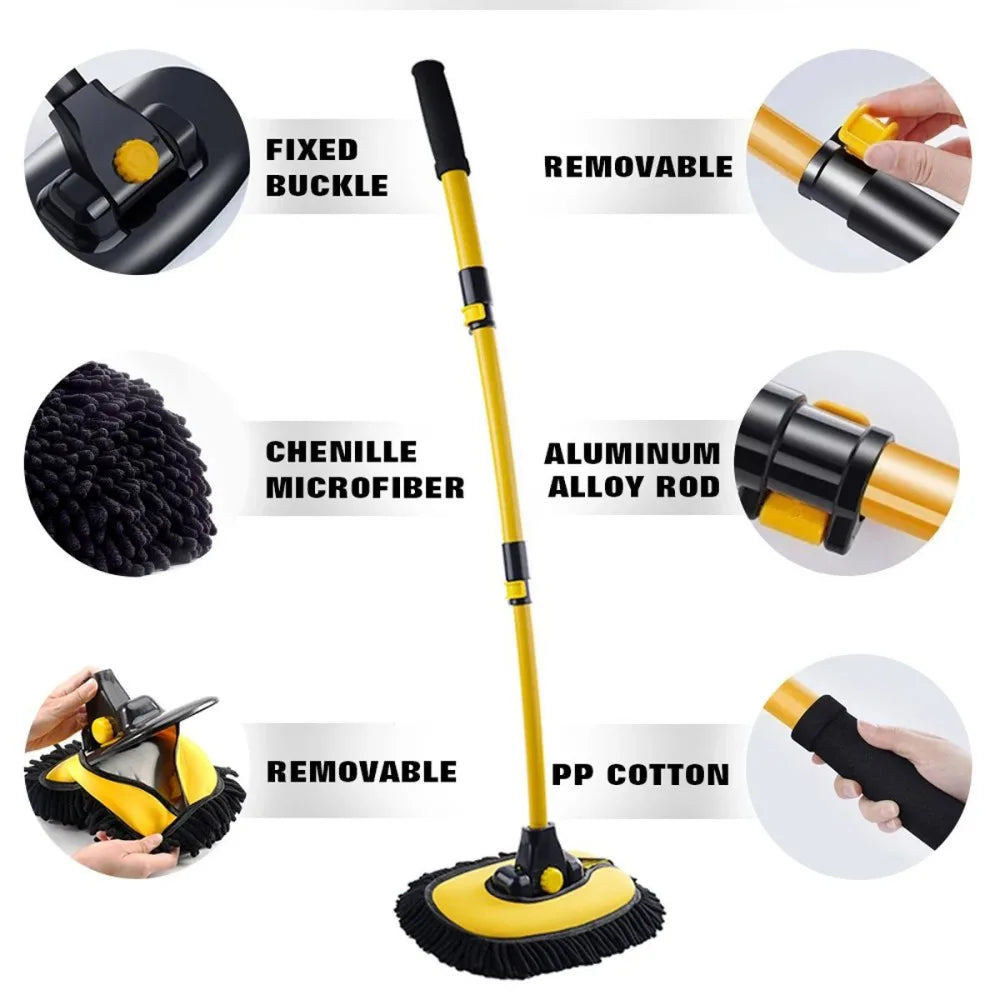 Telescopic Car Wash Brush Kit with Long Handle and 2 Microfibre Mop Heads – 15° Curved, 90° Rotating