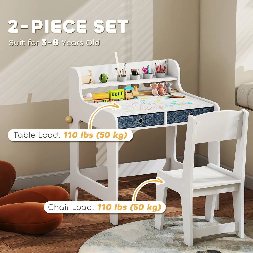 AIYAPLAY Kids Art Table and Chair Set with Storage Shelf, Drawers and Paper Roll Holder – Children's Desk, White