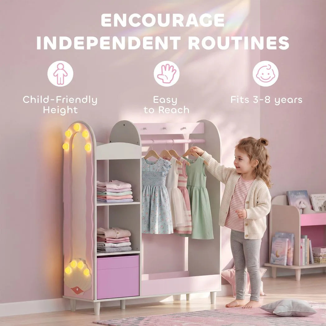 AIYAPLAY Kids Clothing Rack Wardrobe with Glowing Lights Mirror, Fabric Drawer and Shelves, Ages 3–8 – Bedroom, Pink