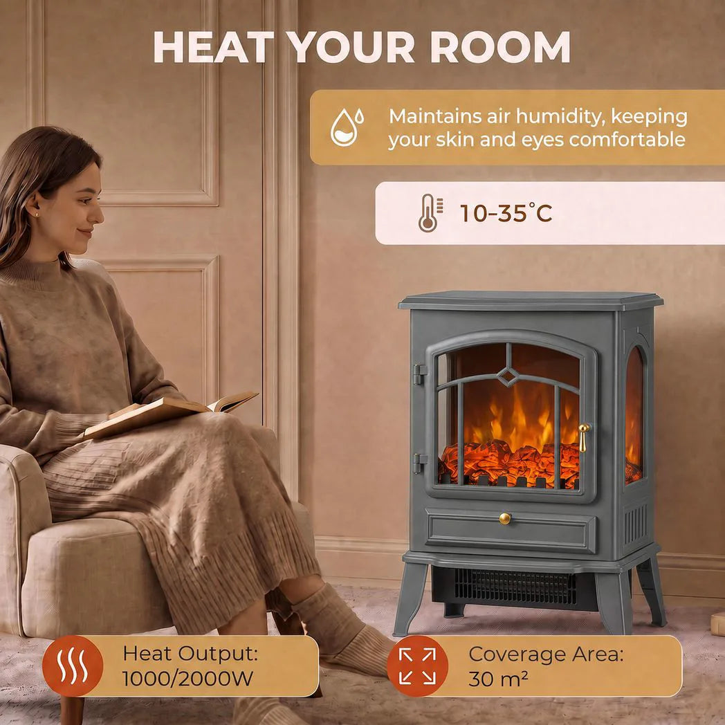 HOMCOM 1000/2000W Electric Fireplace Stove with 3D Flame Log and Thermostat – Freestanding Heater, Grey