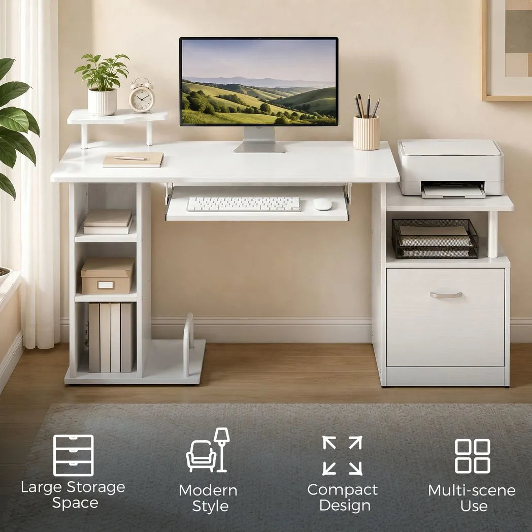 HOMCOM Computer Desk with Drawer, 4-Tier Shelves and Keyboard Tray – CPU Stand Home Office Desk, White