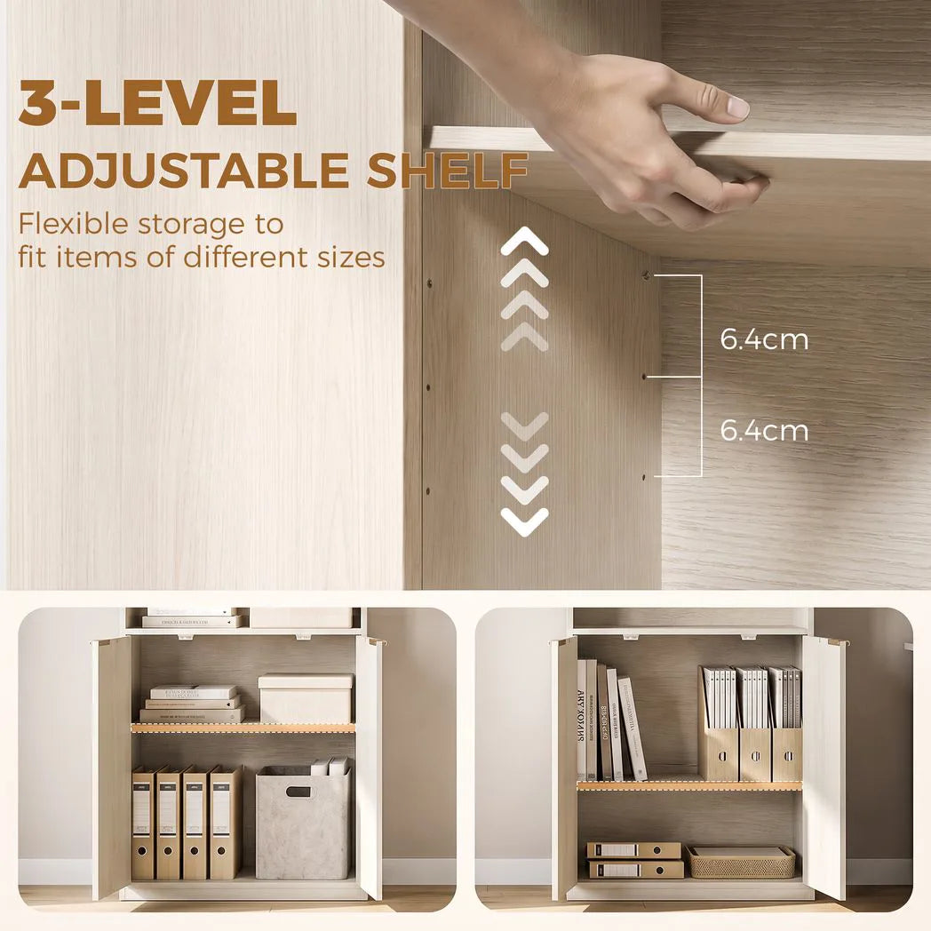 HOMCOM Slim Bookcase with Open Cubbies, Double-Door Cabinet & Adjustable Shelf – Anti-Tip Storage, Oak Wood Effect