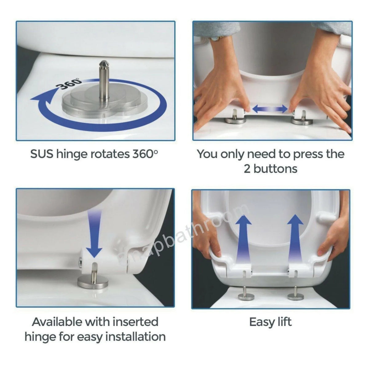 Soft Close Square Toilet Seat with Quick Release & Top-Fix Hinges – Anti-Bacterial, Heavy Duty, Gloss White