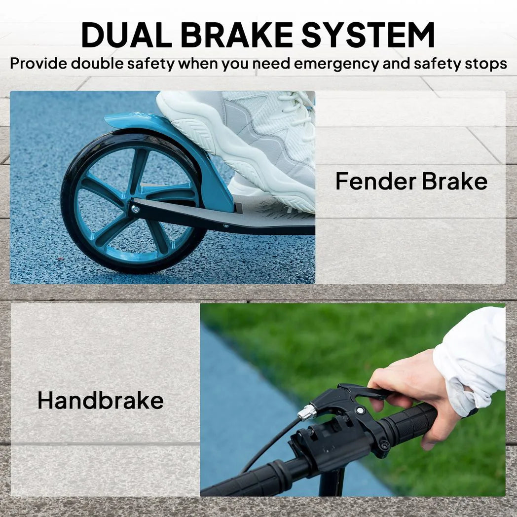 HOMCOM One-Click Folding Kick Scooter with Adjustable Handlebar, Dual Brakes & Kickstand – Push Scooter, Blue