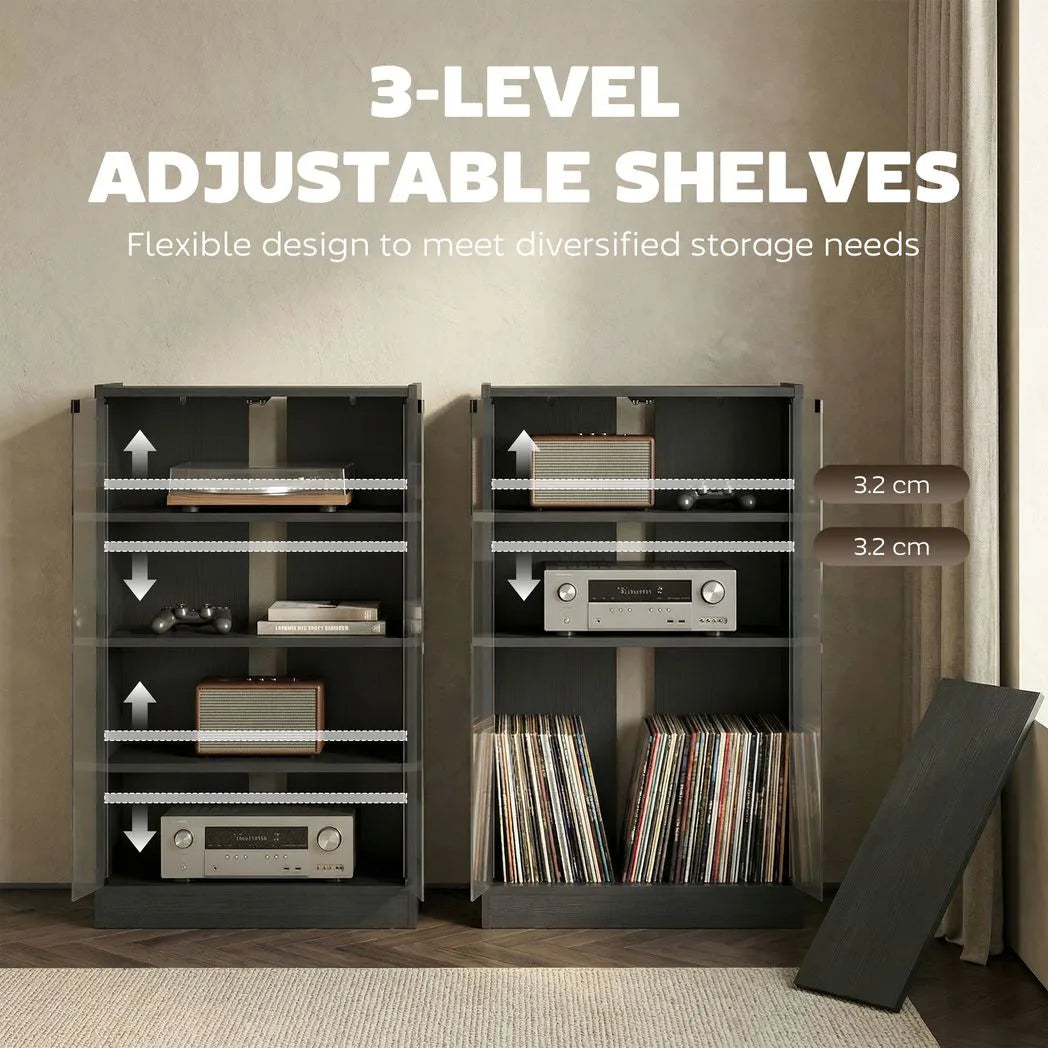 HOMCOM 4-Tier Hi-Fi Stand with Push-to-Open Glass Doors and Adjustable Shelves – Record Player Stand, Black Wood-Effect