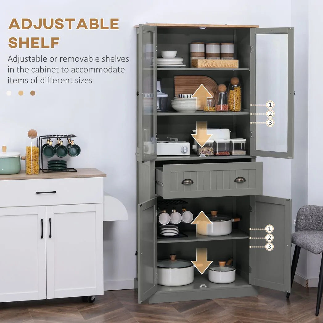 HOMCOM 180cm Tall Kitchen Pantry Cupboard with Glass Doors, 5 Tiers, Adjustable Shelves & Drawer – Freestanding Storage Cabinet, Grey