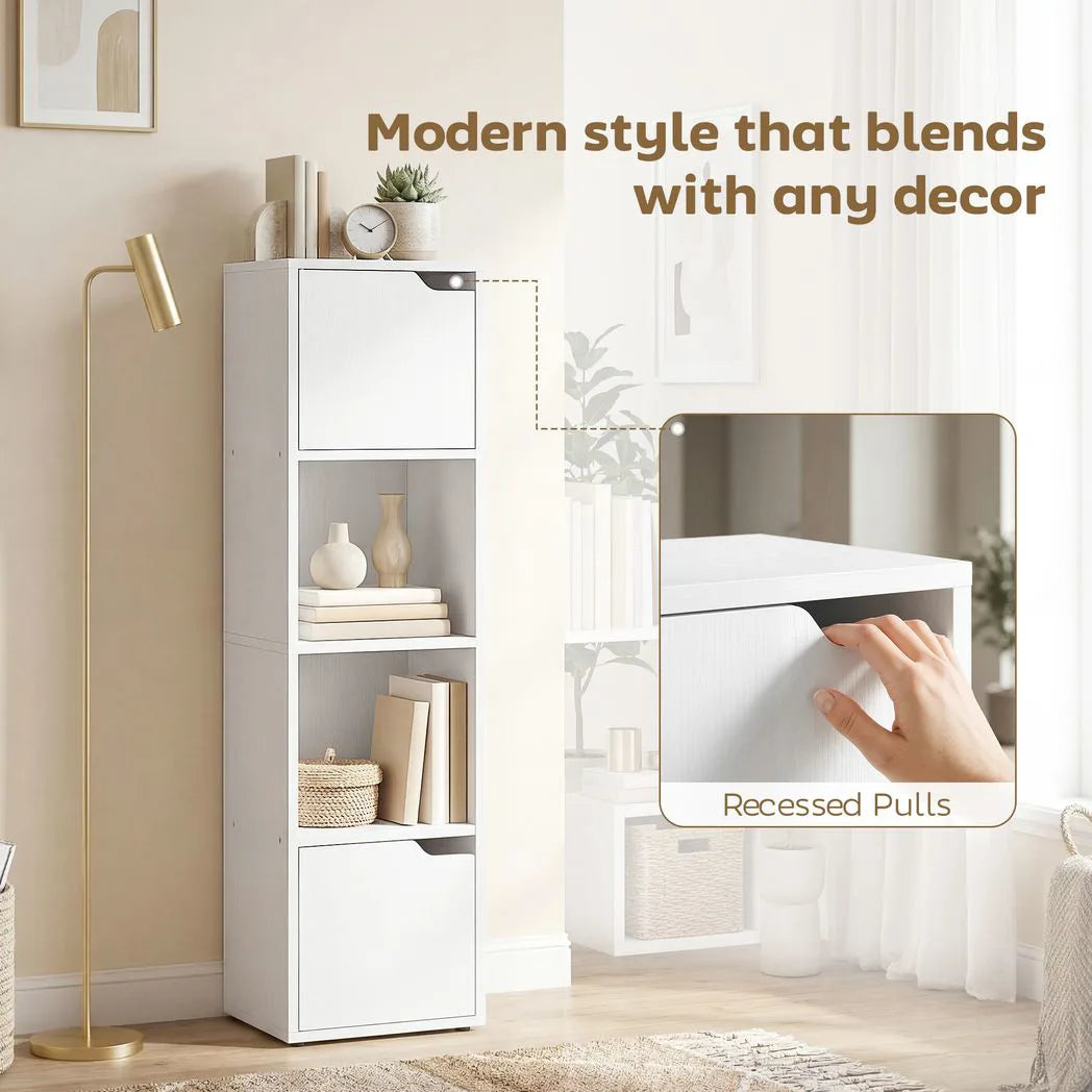 HOMCOM Narrow 4-Tier Bookcase with Doors and Open Shelves, 30cm Slim Storage Cabinet – Living Room, White