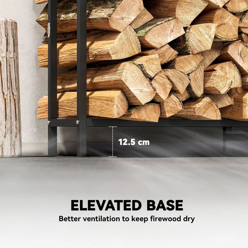 Outsunny 6.5ft Heavy Duty Steel Firewood Log Rack with Bonfire Pattern, 300kg Capacity, Black