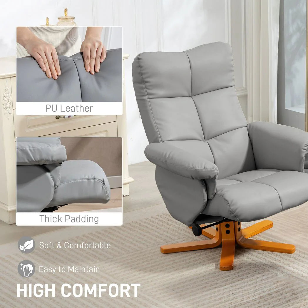 HOMCOM PU Leather Swivel Recliner Chair with Storage Footstool and Wooden Base – Living Room Armchair, Light Grey