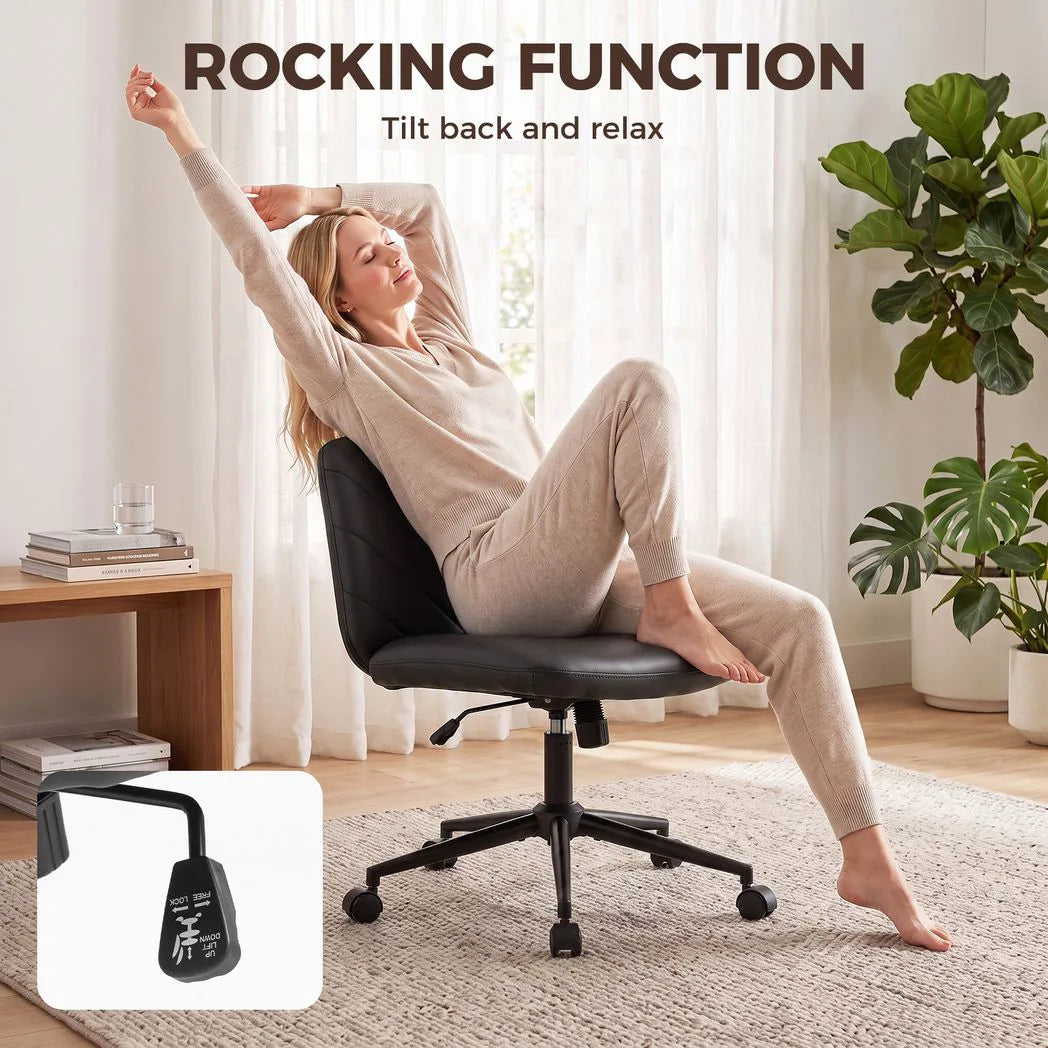 HOMCOM Armless Home Office Chair with 62cm Wide Seat & Rocking Function – Cross-Legged Swivel Chair, Black
