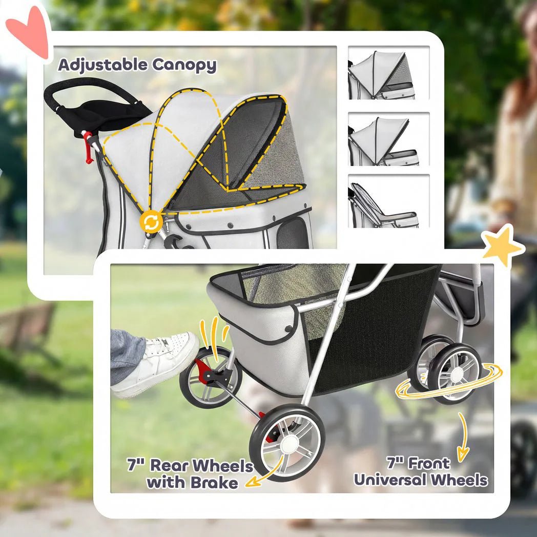 PawHut 3-Wheel Foldable Dog Stroller with Adjustable Canopy and Storage Basket – Small Breeds, Grey