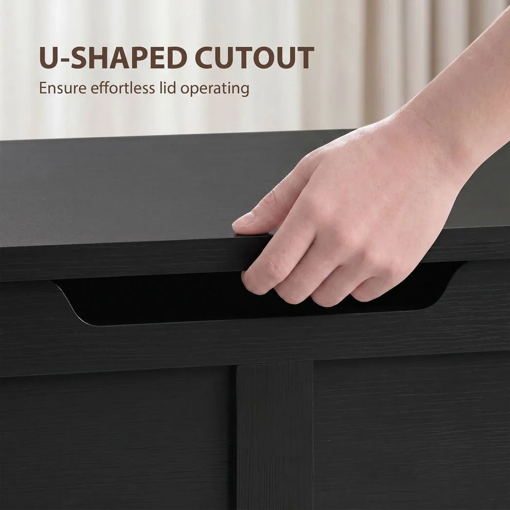 HOMCOM 100L Storage Box with Safety Hinge & Seat Top – Storage Trunk Bench, Black Wood-Effect