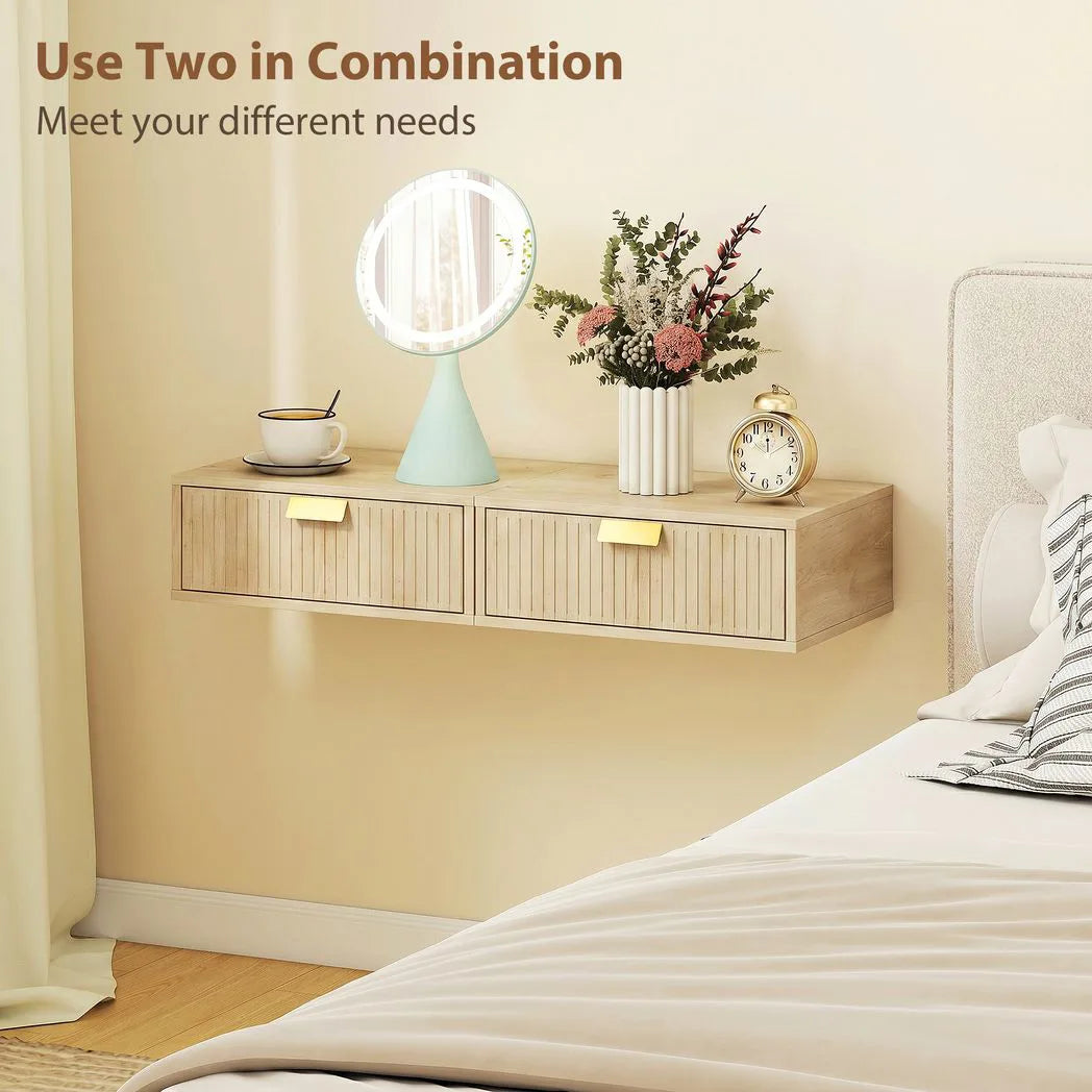 HOMCOM Floating Nightstands Set of 2 with Wave Drawers – Wall-Mounted Bedside Tables, Oak
