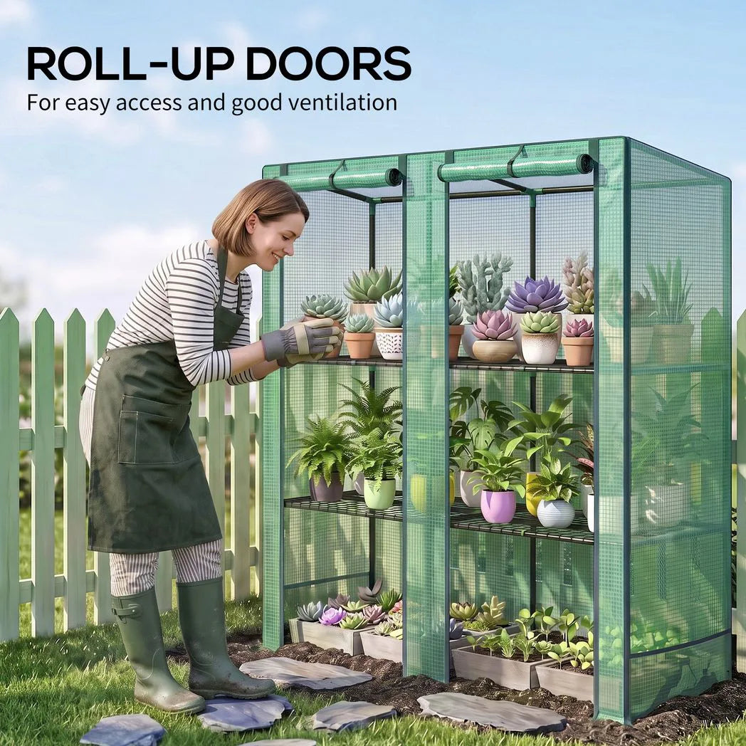 Outsunny Three-Tier Mini Greenhouse with Roll-Up Zipped Doors and 140 gsm PE Cover, Steel Frame – Green
