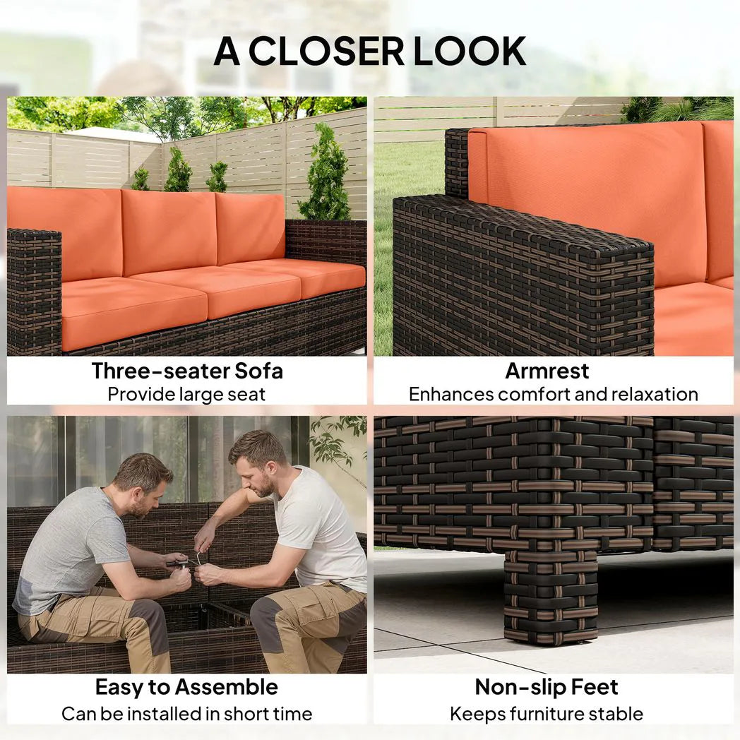 Outsunny 3-Seater Rattan Garden Sofa – Weather-Resistant Outdoor Sofa with Cushions, Orange