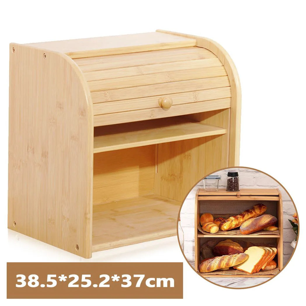 2-Tier Bamboo Bread Bin with Roll Top Lid and Sliding Door – Kitchen Food Storage Box with Food Clip