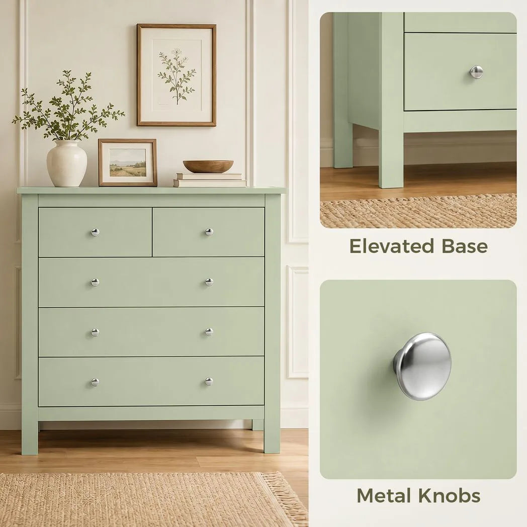 HOMCOM 5 Drawer Chest of Drawers with Glide Runners – Modern Bedroom and Hallway Storage Unit, Sage Green