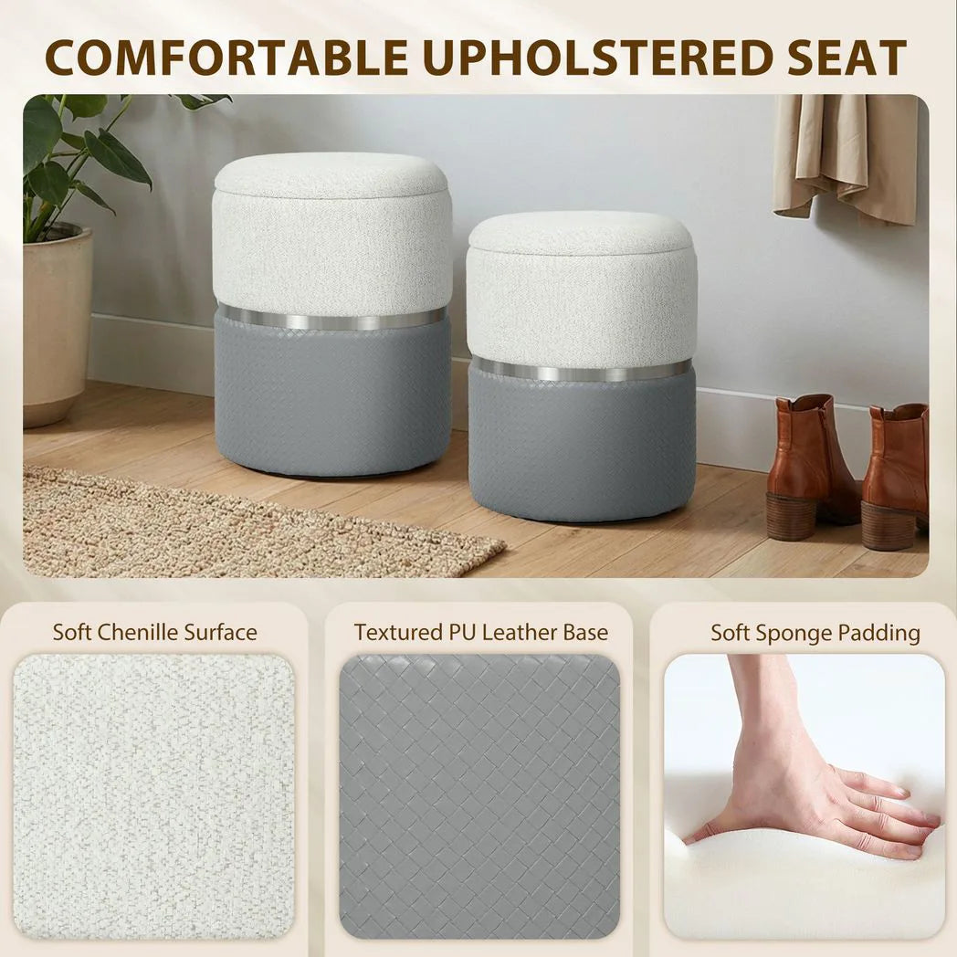 HOMCOM Nesting Round Storage Ottoman Set of 2 with Lift-Off Lids – Footstool and Vanity Stool, Cream and Grey