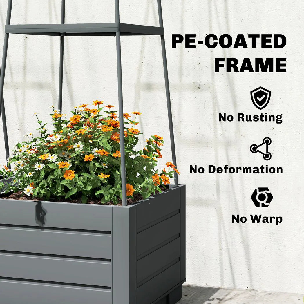 Outsunny Set of 2 Raised Garden Planters with Trellis – 12L Plastic Planter Boxes with Removable Drainage Trays