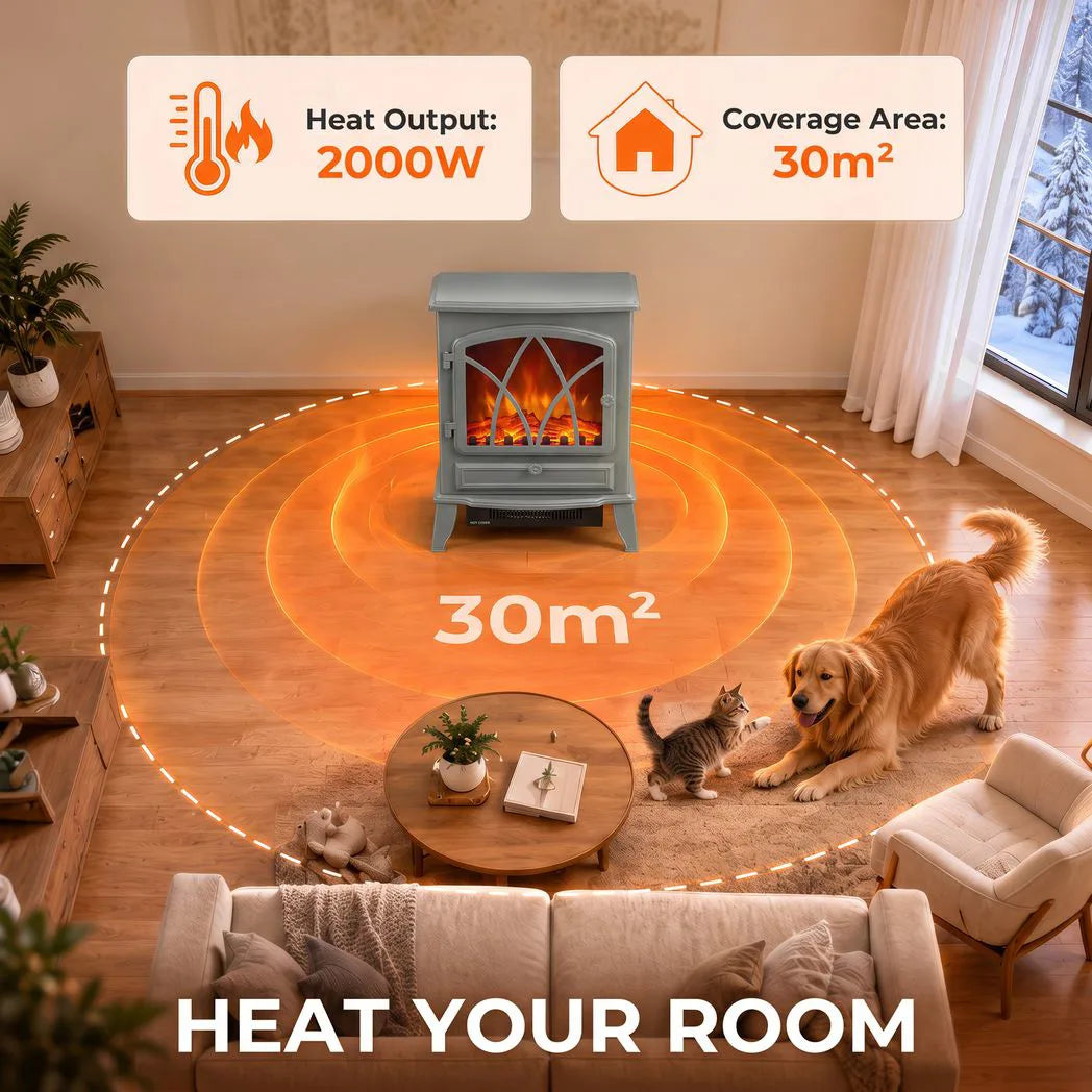 HOMCOM Vintage Electric Fireplace Stove, 1000W/2000W Freestanding with LED Flame and Thermostat – Grey