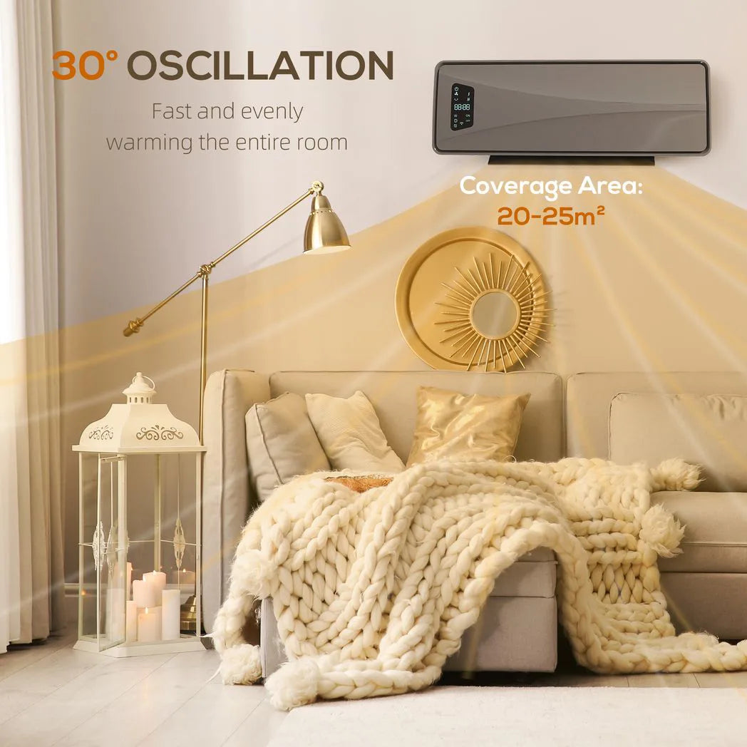 HOMCOM 2000W Wall-Mounted Ceramic Electric Heater with Oscillating Fan, Thermostat and Remote – Timer Room Heater, Grey