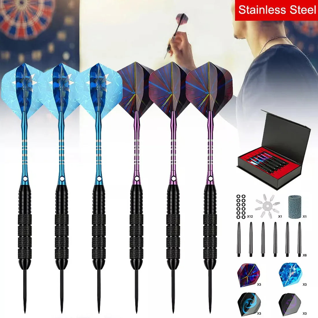 24g Steel Tip Darts Set of 6 with 12 Flights & Storage Case – Professional Darts for Bristle Dartboards