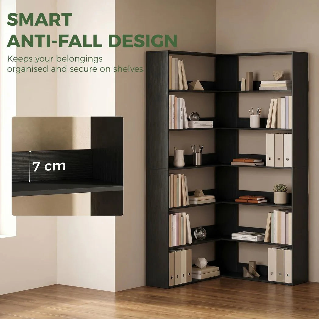 HOMCOM 7-Tier L-Shaped Corner Bookcase with Anti-Slip Rear Guards – 180 cm Display Shelf, Black Wood Effect