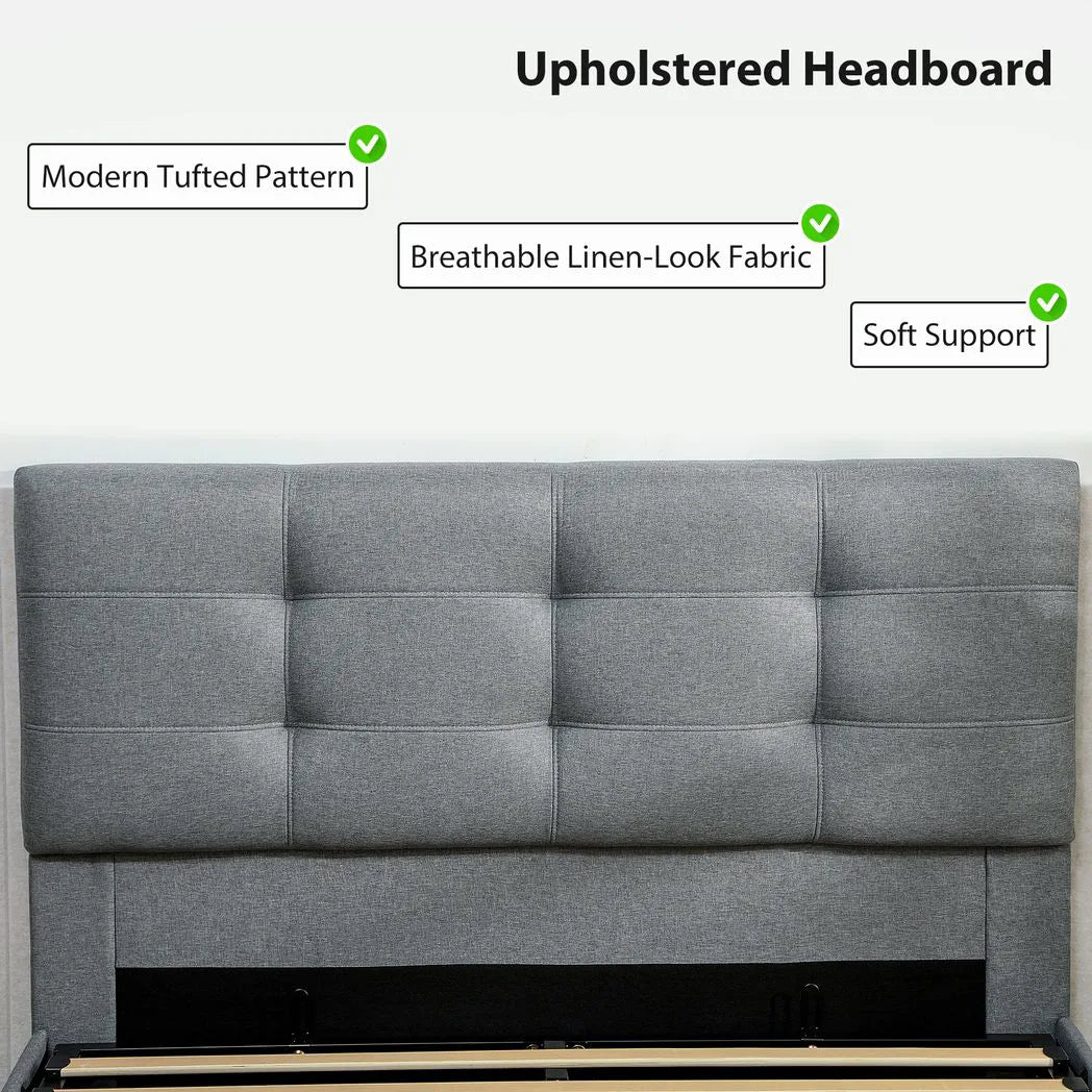 HOMCOM 4ft6 Double Ottoman Bed with Gas Lift Storage and Tufted Headboard – Linen-Look Bed Frame, Grey