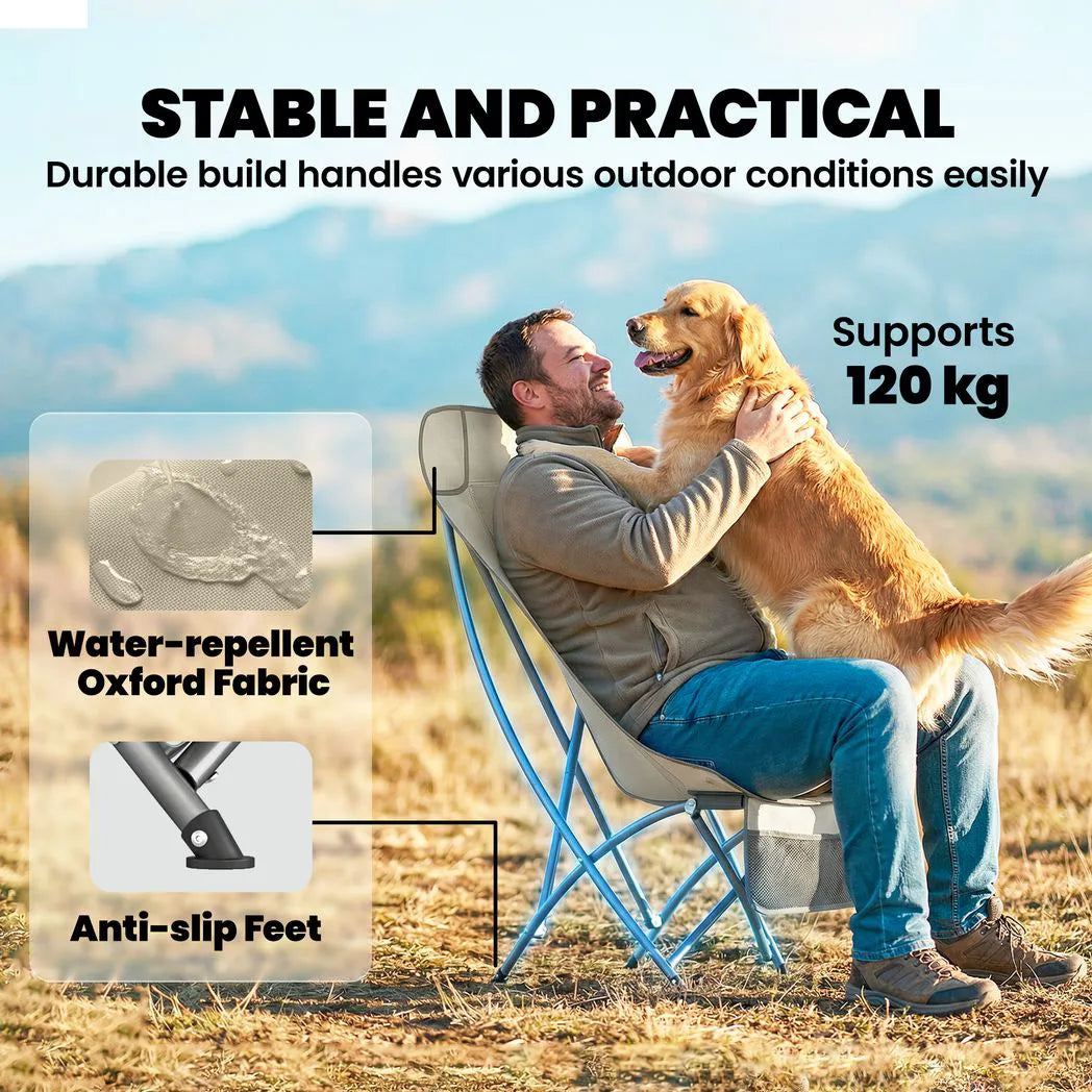 Outsunny Heavy Duty Folding Camping Chair with Side Pocket and Carry Bag, 120kg – Moon Chair, Khaki