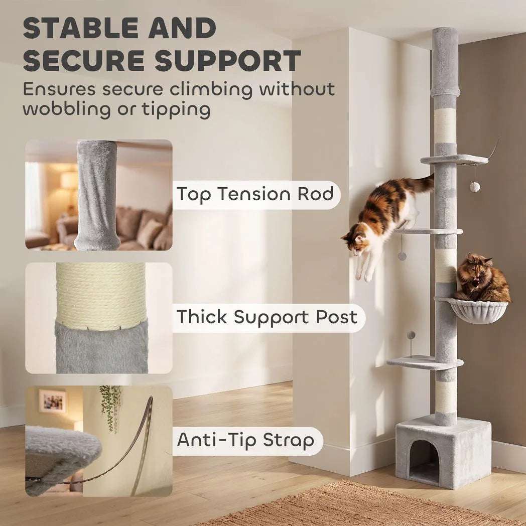 PawHut Floor to Ceiling Cat Tree, 230-250cm Adjustable Six-Level Cat Tower with Hammock, Condo & Sisal Posts