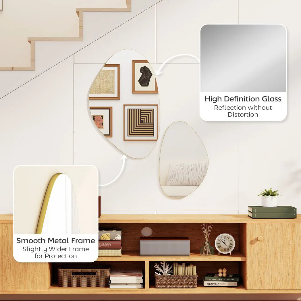 HOMCOM Set of 2 Pebble-Shaped Wall Mirror – Gold Tone