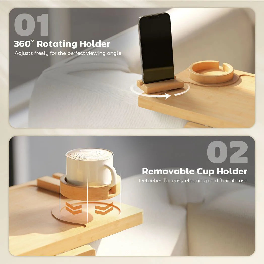 HOMCOM Anti-Slip Bamboo Sofa Armrest Tray with 360° Phone Holder & Removable Cup Holder – Natural