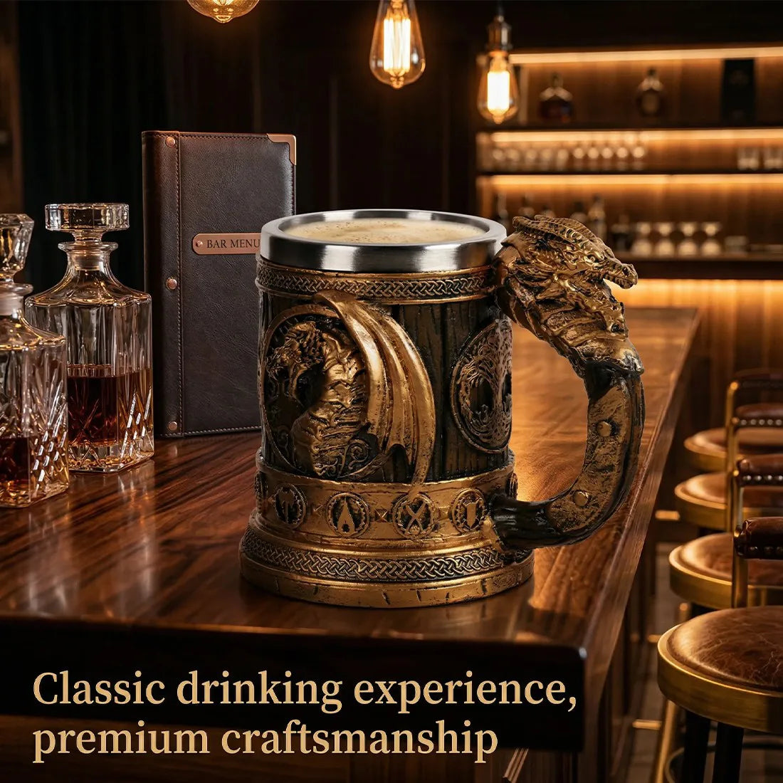 Viking Stainless Steel and Resin Tankard, 550ml Nordic Beer & Coffee Mug – Retro Drinking Cup with Spoon