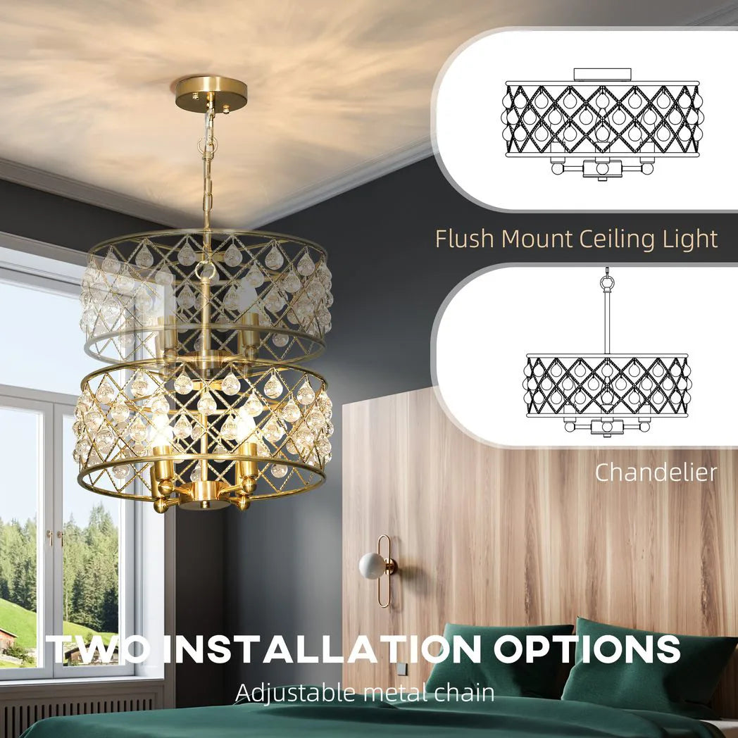 HOMCOM 51 Crystallite Four-Bulb Chandelier with 130 cm Adjustable Chain – Gold-Tone Ceiling Light