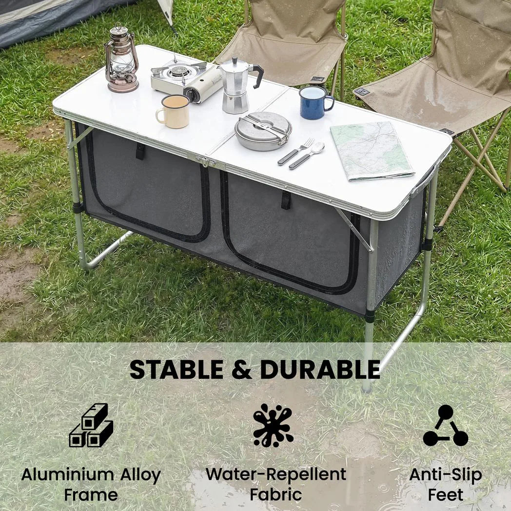 Outsunny Folding Aluminium Camping Kitchen with Storage Cupboard and 120cm Tabletop – Outdoor BBQ Unit