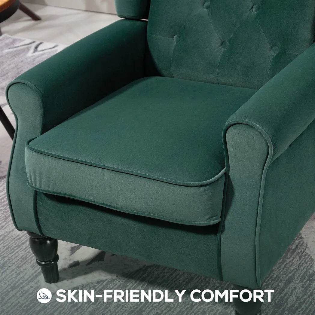 HOMCOM Wingback Accent Chair with Button Tufted Flannel Fabric & Pocket Springs – Retro Armchair, Green