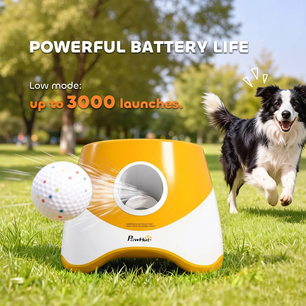 PawHut Automatic Dog Ball Launcher with 5 ETPU Balls, 6/10/14m Settings – Rechargeable Fetch Toy, Orange