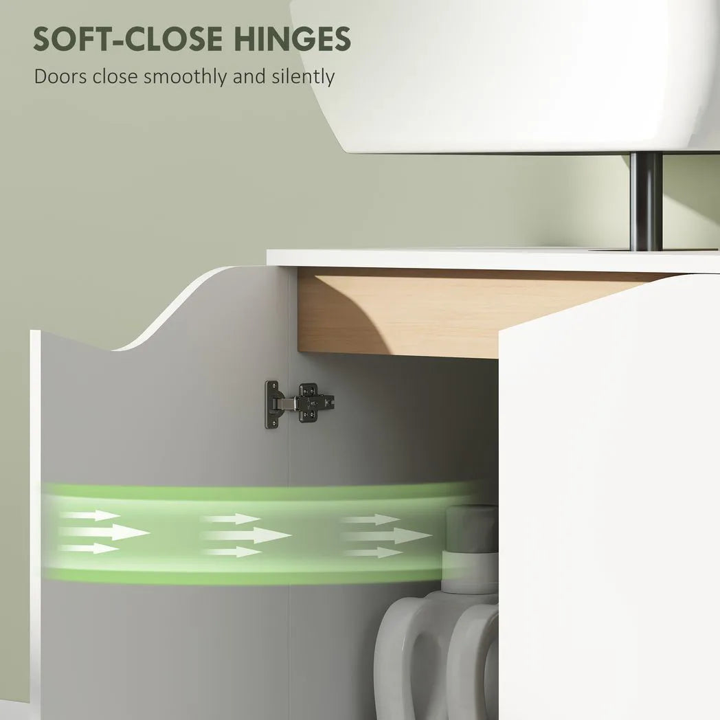 HOMCOM Under Sink Bathroom Cabinet with Soft-Close Doors – U-Shaped Cut-Out for Wall-Mounted Basins, White