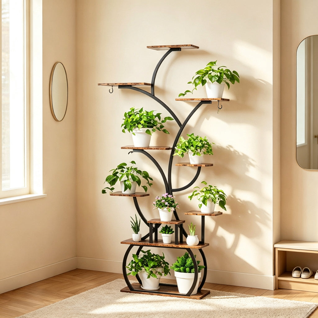 Tree-Shaped Plant Stand with 4 Grow Lights and Wheels – Black Iron & Weathered Wood Multi-Tier Rack