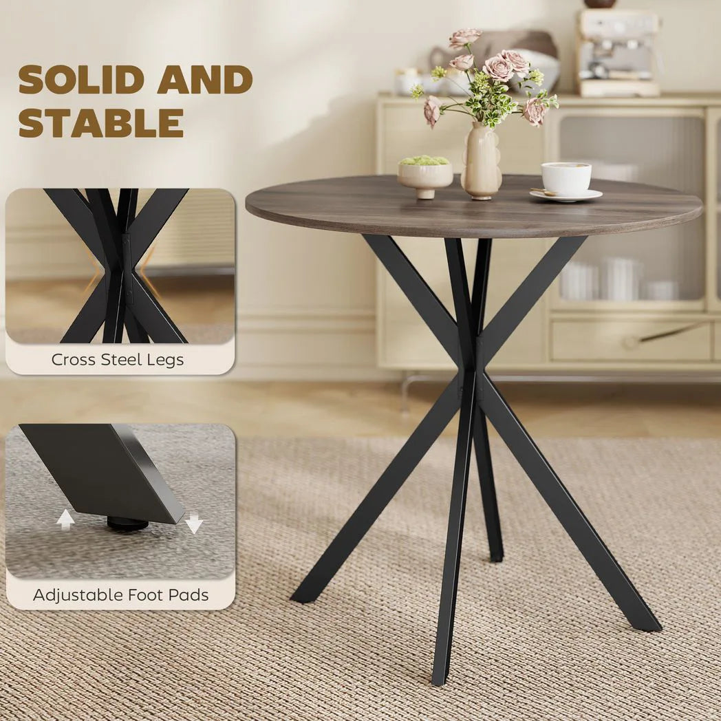 HOMCOM 80cm Industrial Round Dining Table with Steel X-Legs – Wood-Effect Kitchen Table for Two, Brown