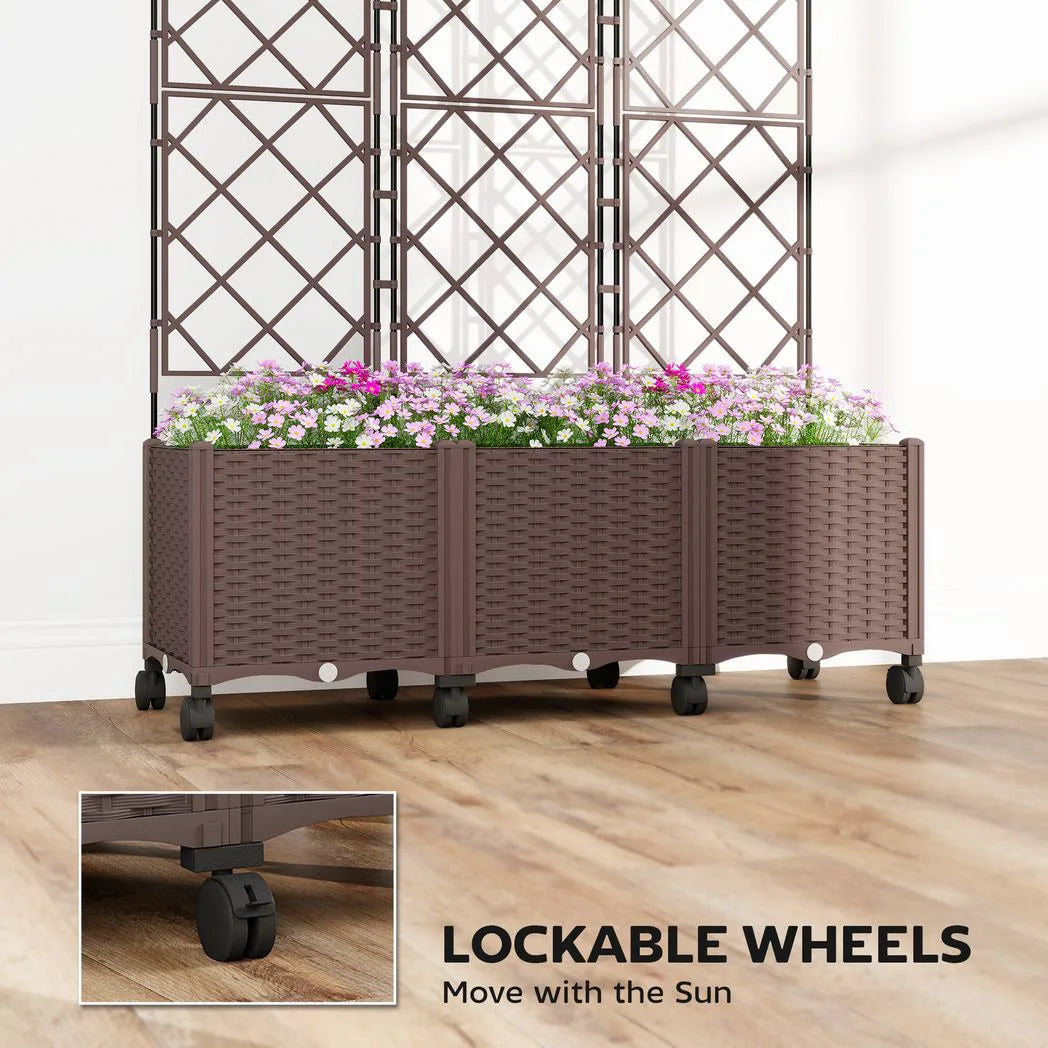 Outsunny Self-Watering Raised Planter with Trellis – Mobile Plastic Garden Bed on Wheels, 130L, 192cm