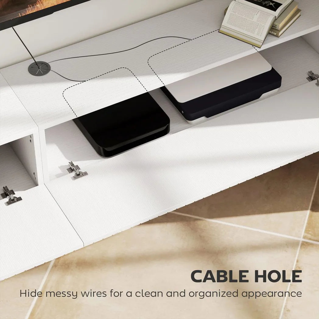 HOMCOM Floating TV Stand with Fluted Doors and Cable Hole – Wall-Mounted TV Unit for TVs up to 72", White
