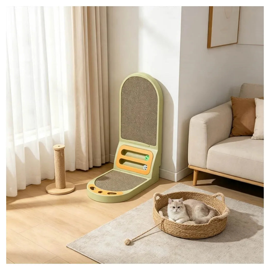 L-Shaped Cat Scratcher Board with Bell Ball Toys – Thickened Double-Sided Scratching Pad and Lounge Bed