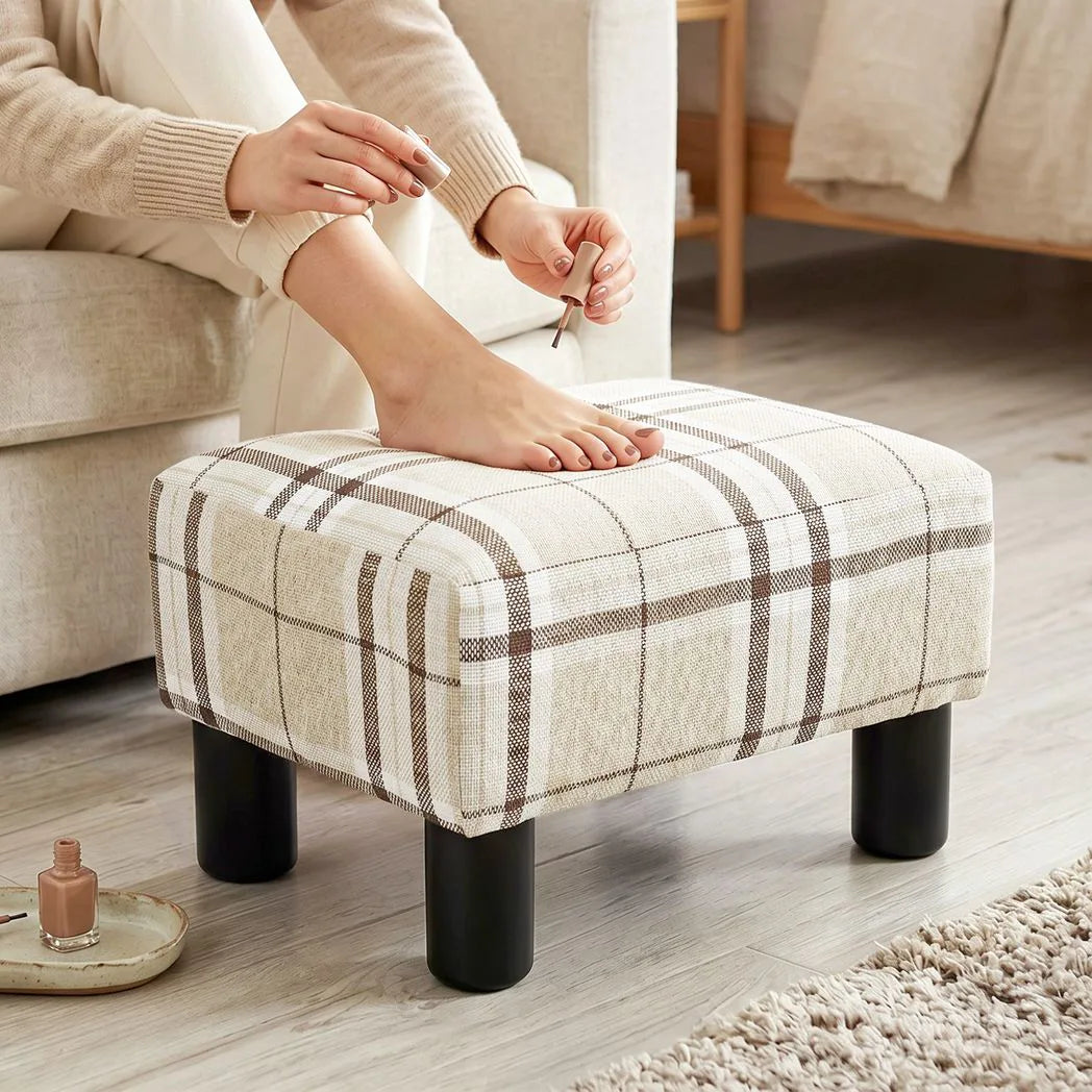 HOMCOM Linen Fabric Footstool Ottoman Cube with Padded Seat and Wooden Frame – Bedroom Stool, Multi-Colour