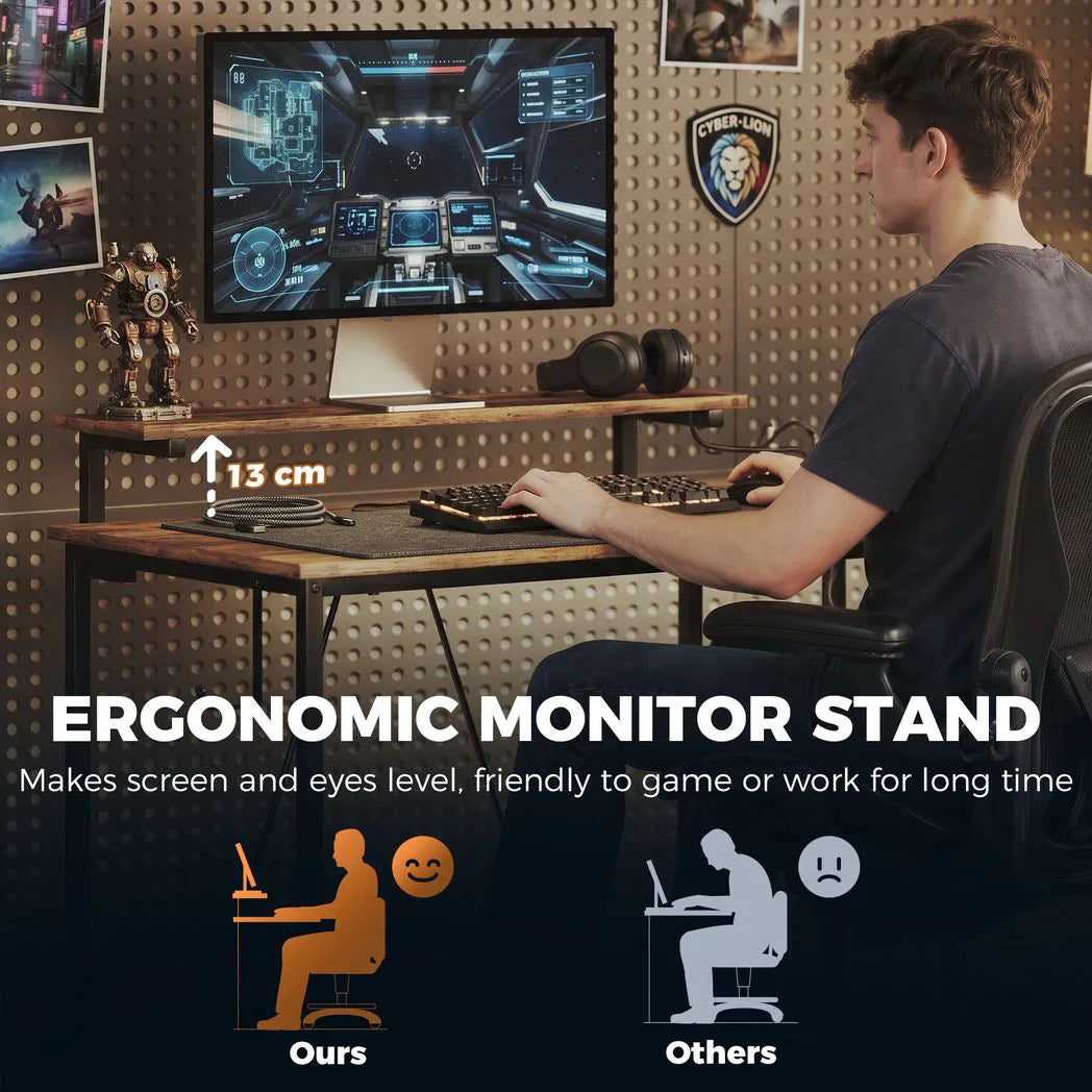 HOMCOM Reversible L-Shaped Desk with LED Lights, Power Outlets & USB Ports – Gaming Home Office, Rustic Brown