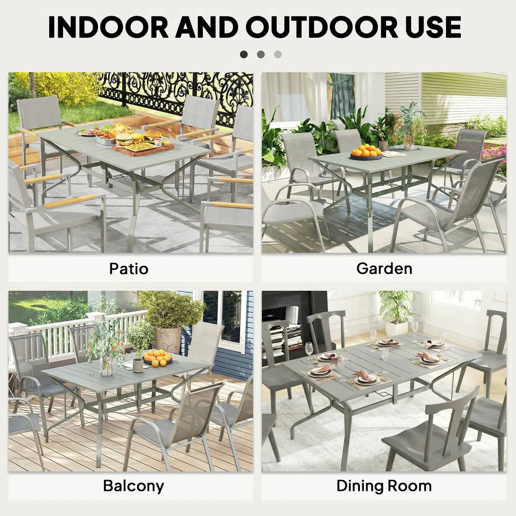 Outsunny Rectangular Garden Dining Table for 6 with Parasol Hole, Galvanised Steel, 150 x 90cm, Light Grey