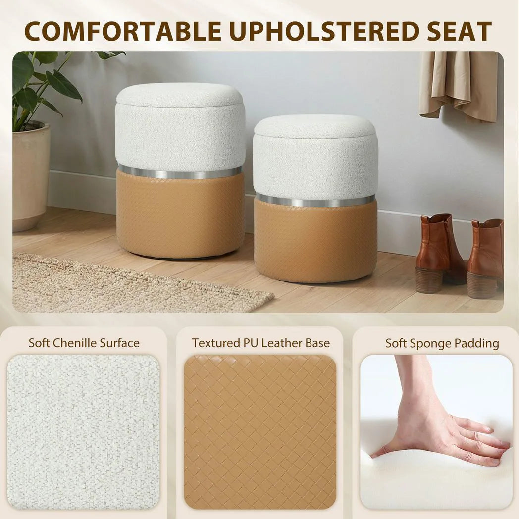 HOMCOM Set of 2 Nesting Round Storage Ottomans with Lift-Off Lids – Chenille and PU Leather, Cream and Brown
